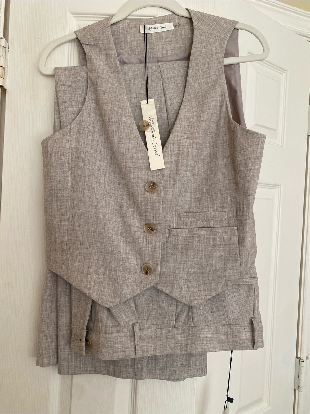Mustard Seed Light Tweed Linen-Blend  Vest Suit Set with Matching Wide Leg Pants
